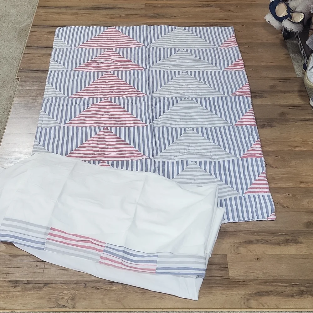 POTTERY BARN KIDS Nautical Organic Cole Toddler Baby Crib Quilt / Bed Skirt Set